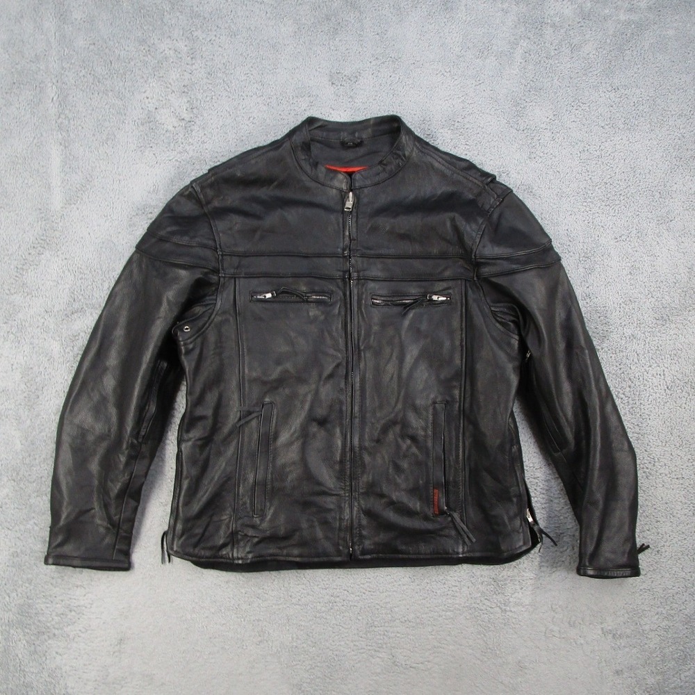Interstate Mens Black Genuine Leather Motorcycle Biker Jacket 2XL Full Zip Mesh